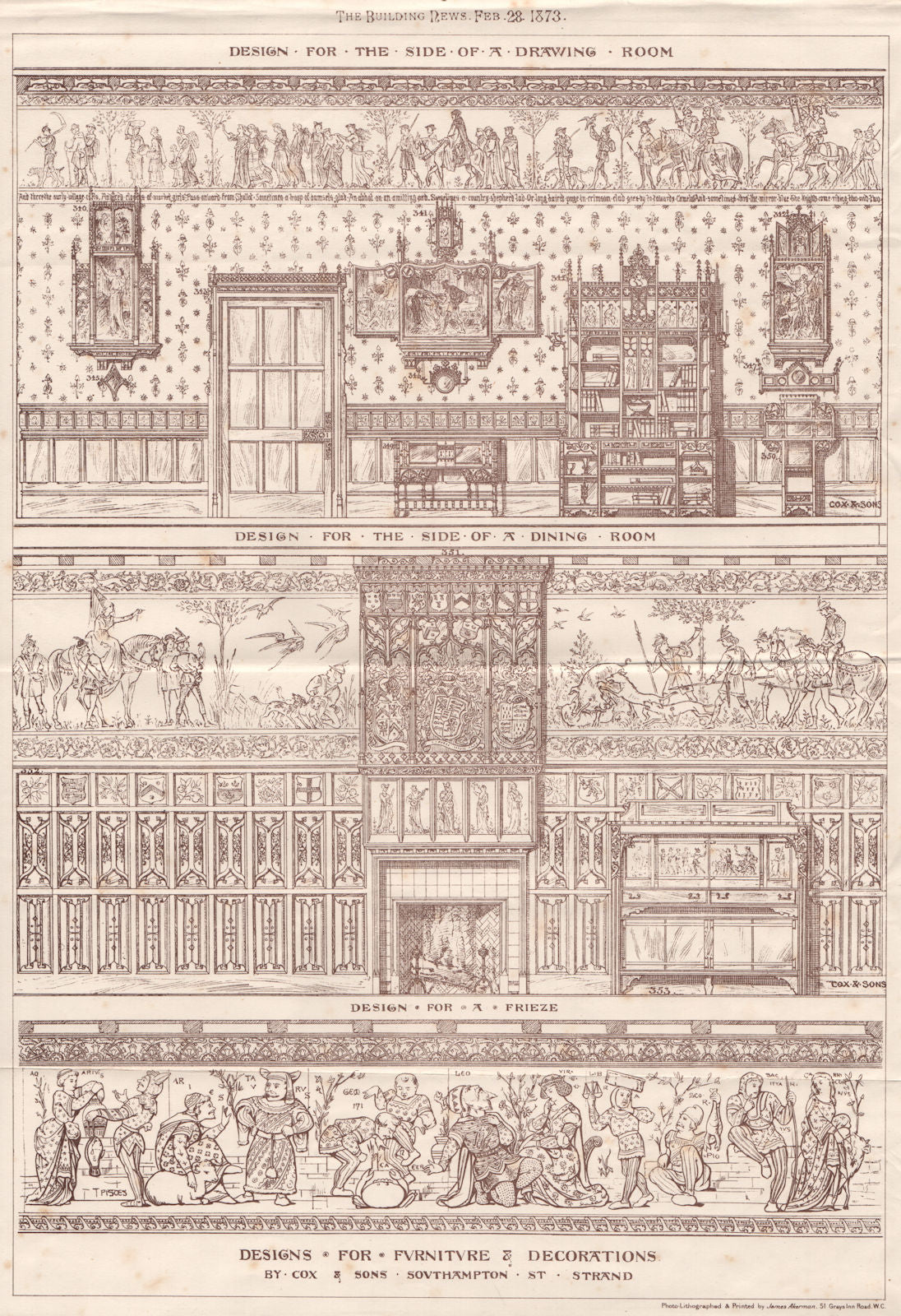 Dining room frieze furniture decorations designs by Cox & Sons 1873 old print